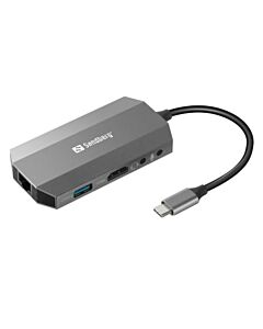 Sandberg (136-33) USB-C 6-in-1 Travel Dock - USB-C (up to 100W), HDMI, 2x USB 3.0, RJ45, Headphone, Microphone, SD/Micro SD/TF Card, Aluminium, 5 Year Warranty