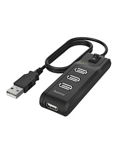 Hama External 4-Port USB 2.0 Hub, USB Powered, On/Off Switch, Black