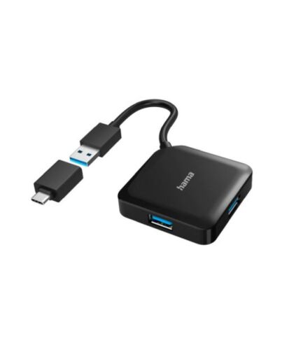 Hama External 4-Port USB 3.2 Gen 1 Hub, USB Powered, USB-A w/ USB-C Adapter