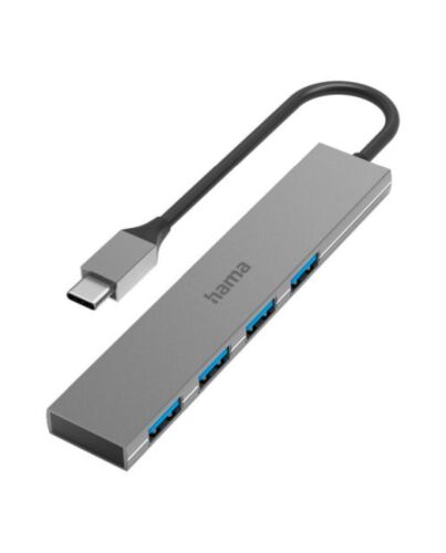 Hama External 4-Port USB-A Hub - USB-C Male, 4x USB 3.2 Gen1 Type-A, Aluminium, USB Powered, Ultra-Slim