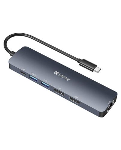 Sandberg (136-43) USB-C 6-in-1 Docking Station - USB-C (up to 100W), HDMI, DisplayPort, RJ45, 2 x USB 3.0, Aluminium, 5 Year Warranty