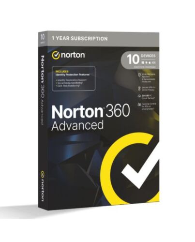Norton 360 Advanced 1x 10 Device, 1 Year Retail Licence - 200GB Cloud Storage, AI Scam Detector - PC, Mac, iOS & Android *Non-enrolment*