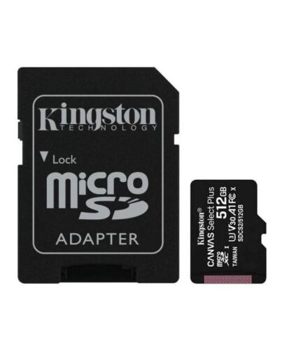 Kingston 512GB Canvas Select Plus MicroSDXC Card with SD Adapter, UHS-I Class 10, U3, A1 App Performance, 100MB/s