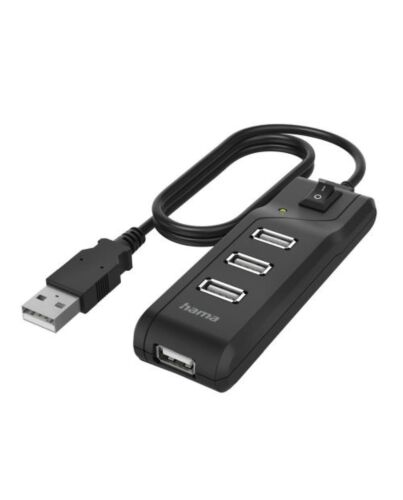Hama External 4-Port USB 2.0 Hub, USB Powered, On/Off Switch, Black