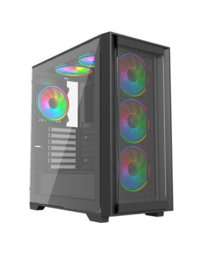 Vida Versa Black ARGB Gaming Case w/ Glass Side & Glass/Mesh Front, ATX, 6x ARGB PWM Fans, 6-Port Fan Hub & Remote Control *Glass & Mesh Front Panels included*