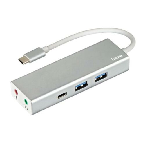 Hama External Aluminium USB-A & USB-C Hub with Audio - 2x USB-A, 1x USB-C, Mic/Audio 3.5mm Jacks, USB Powered