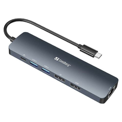 Sandberg (136-43) USB-C 6-in-1 Docking Station - USB-C (up to 100W), HDMI, DisplayPort, RJ45, 2 x USB 3.0, Aluminium, 5 Year Warranty