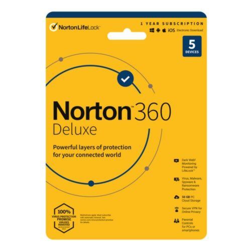 Norton 360 Deluxe 1x 5 Device, 1 Year Retail Licence - 50GB Cloud Storage - PC, Mac, iOS & Android
